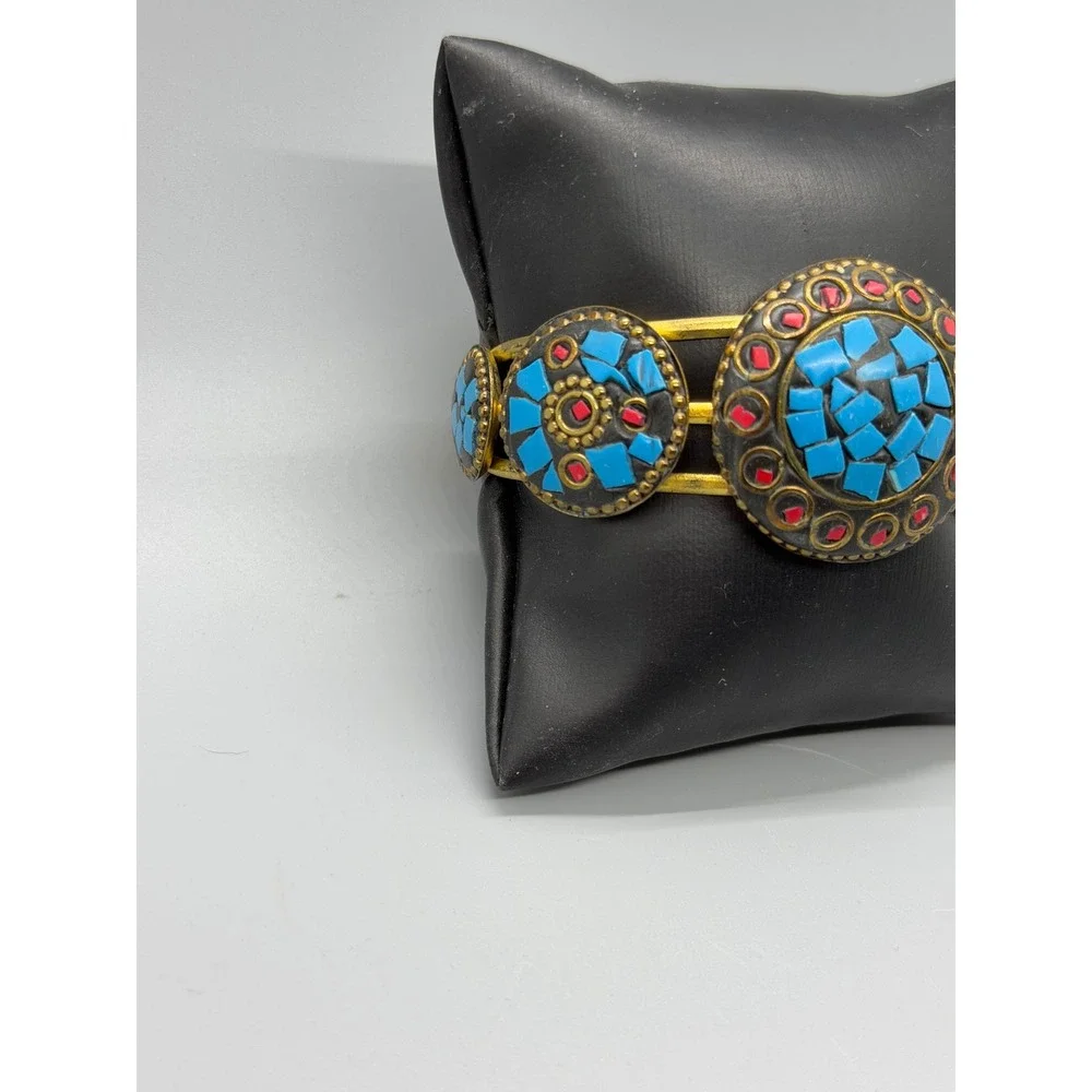 Tibetan Style Cuff Bracelet Blue Red Brass Tone Metal Mosaic Medallions Inlay